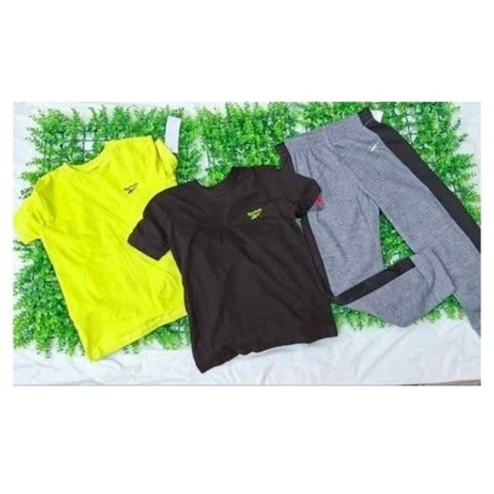 Reebok Boys 3pc Activewear Set 2 T-Shirts and Joggers Gray Black Lime Green 10